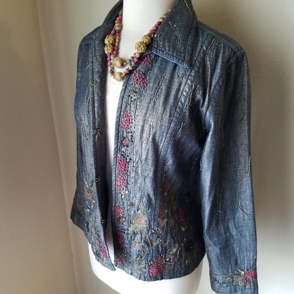 Chico's Metallic Denim Beaded Jacket & Necklace - Picture 5 of 8